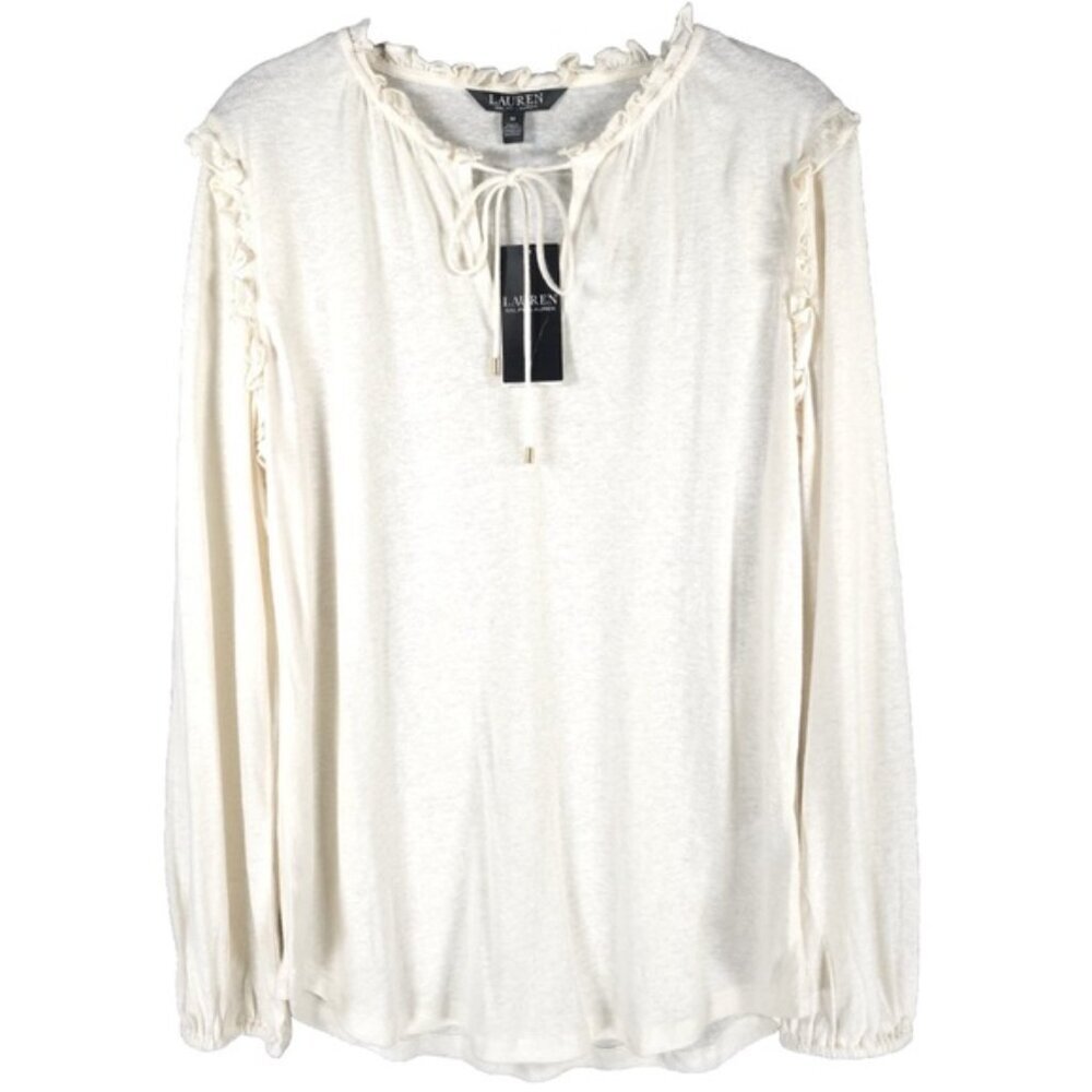 NWT LAUREN RALPH LAUREN LINEN Blend Ruffle Neck Top Keyhole Neck Size MEDIUM